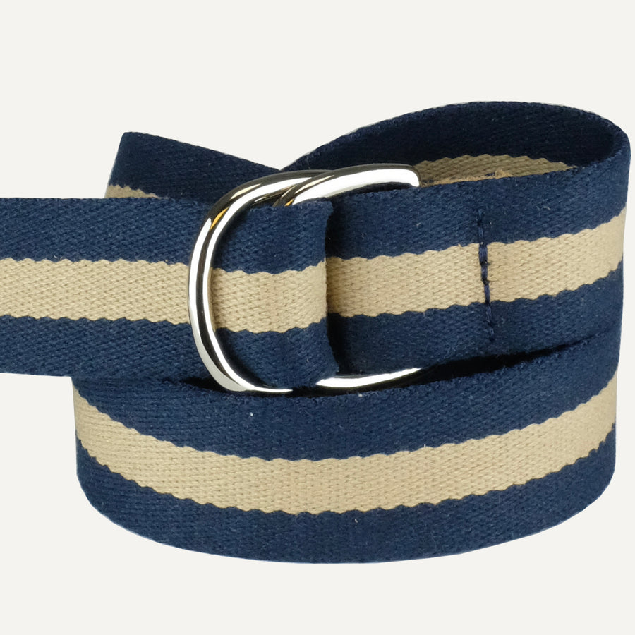 Navy with Tan Stripe Surcingle Cotton D-Ring Belt