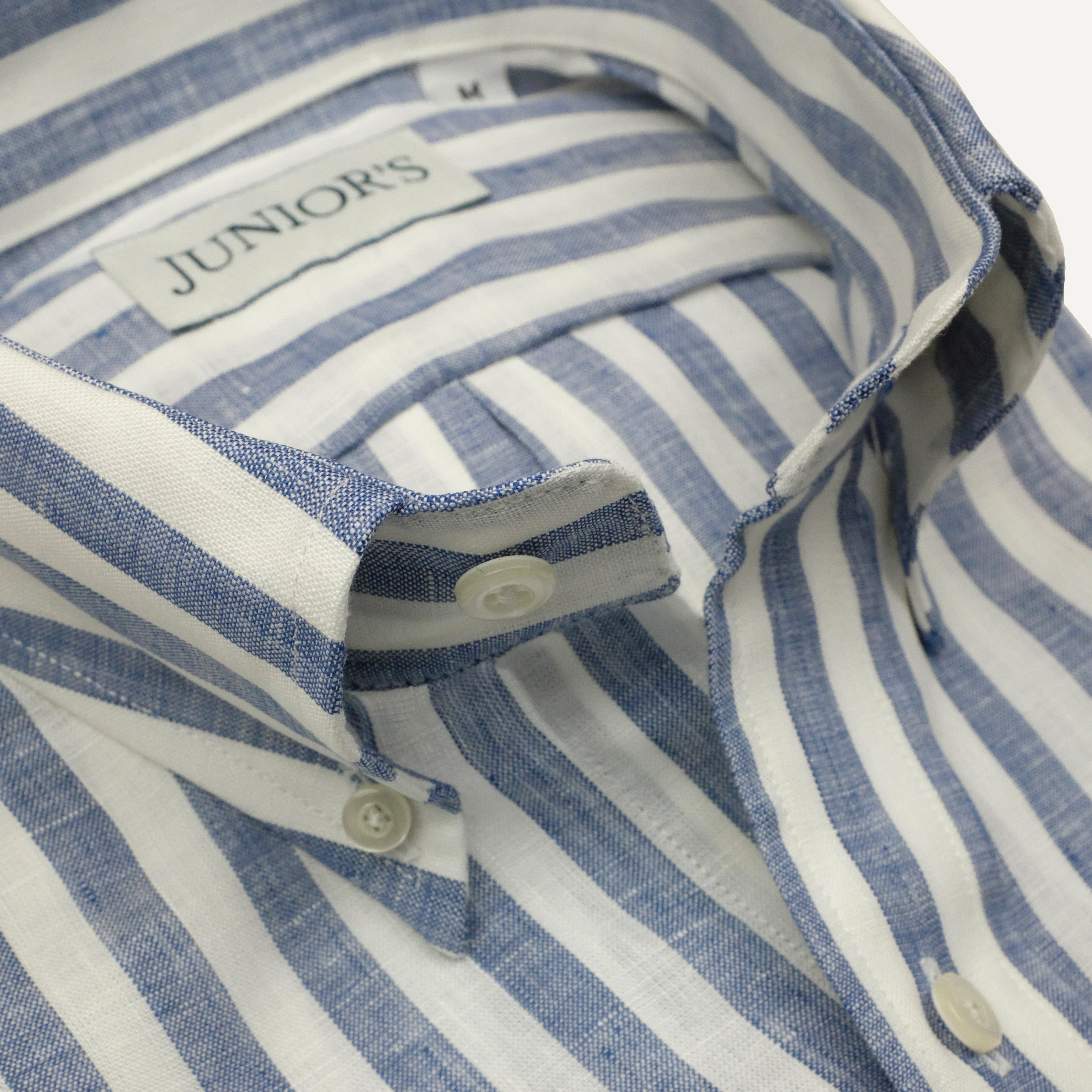 Blue & White Awning Stripe Linen Button-Down Sport Shirt