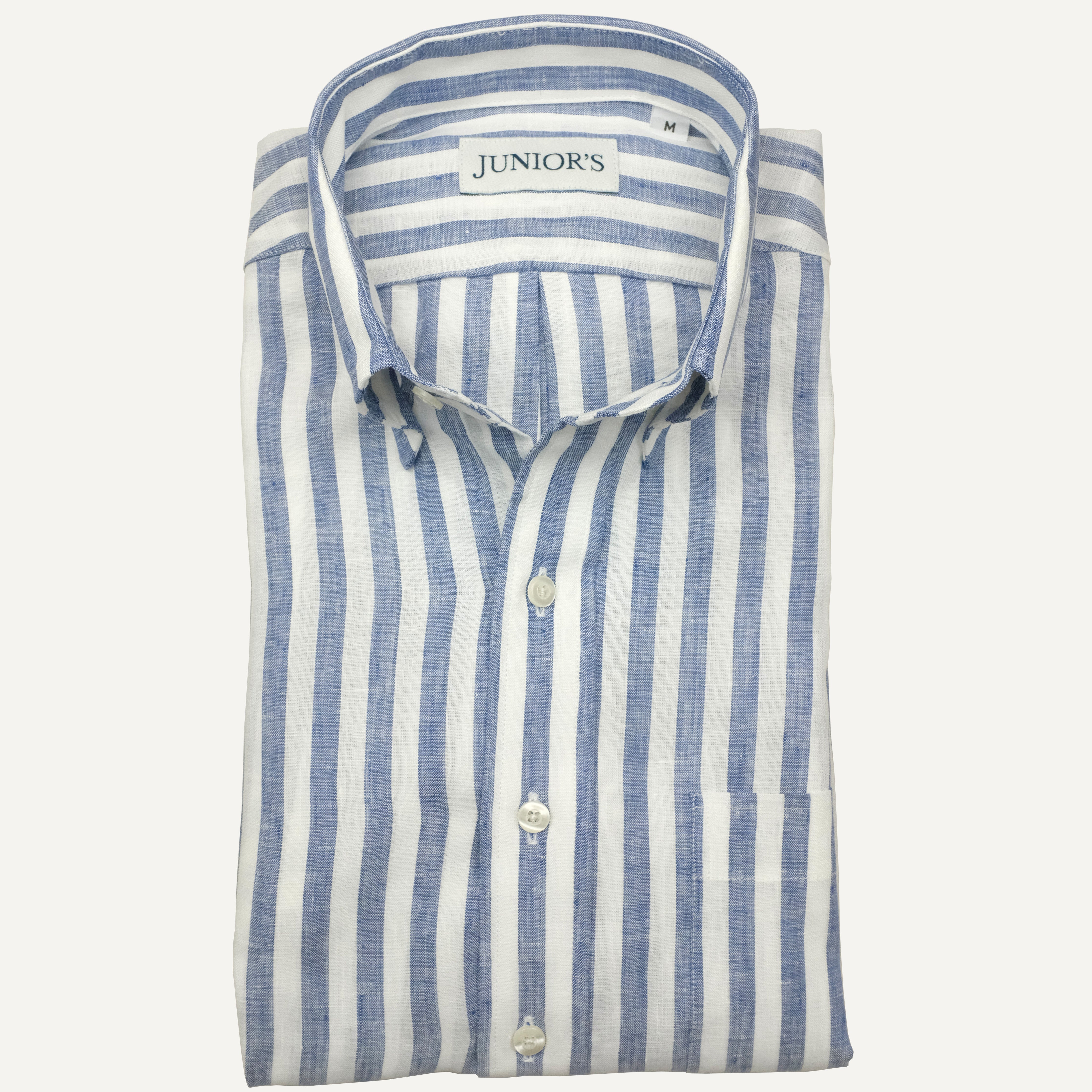 Blue & White Awning Stripe Linen Button-Down Sport Shirt