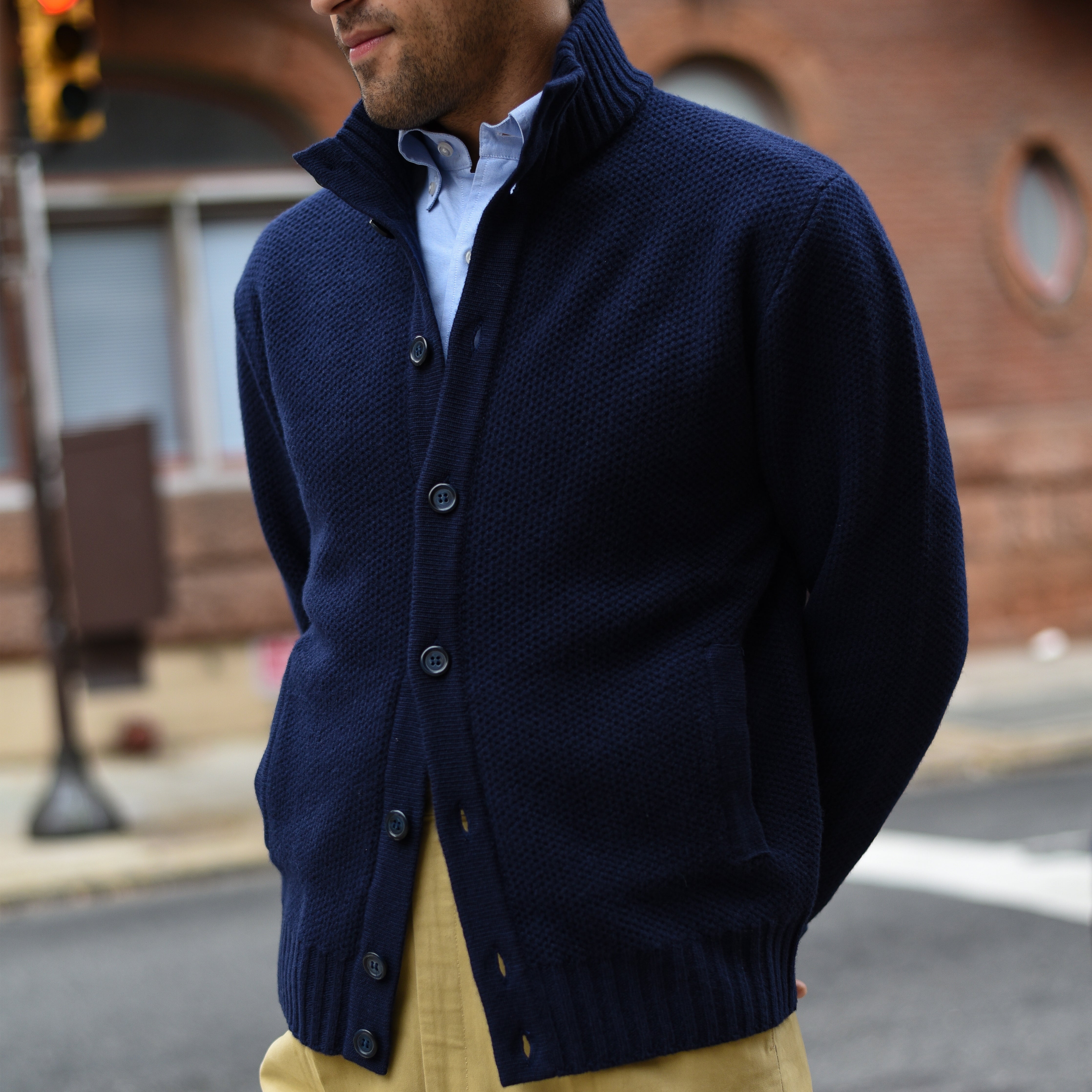 Navy Wool & Cashmere Rice Stitch Mock Neck Cardigan