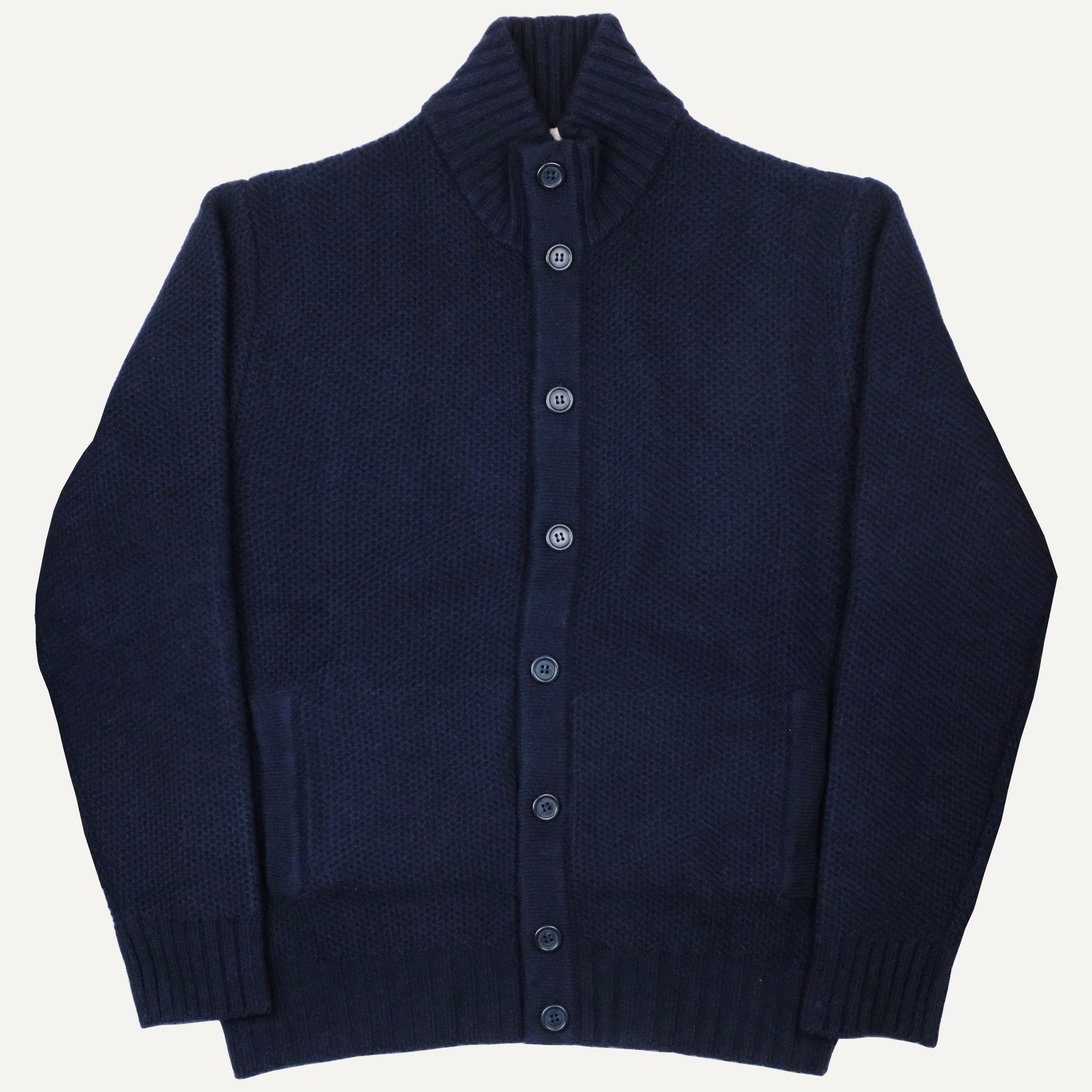 Navy Wool & Cashmere Rice Stitch Mock Neck Cardigan