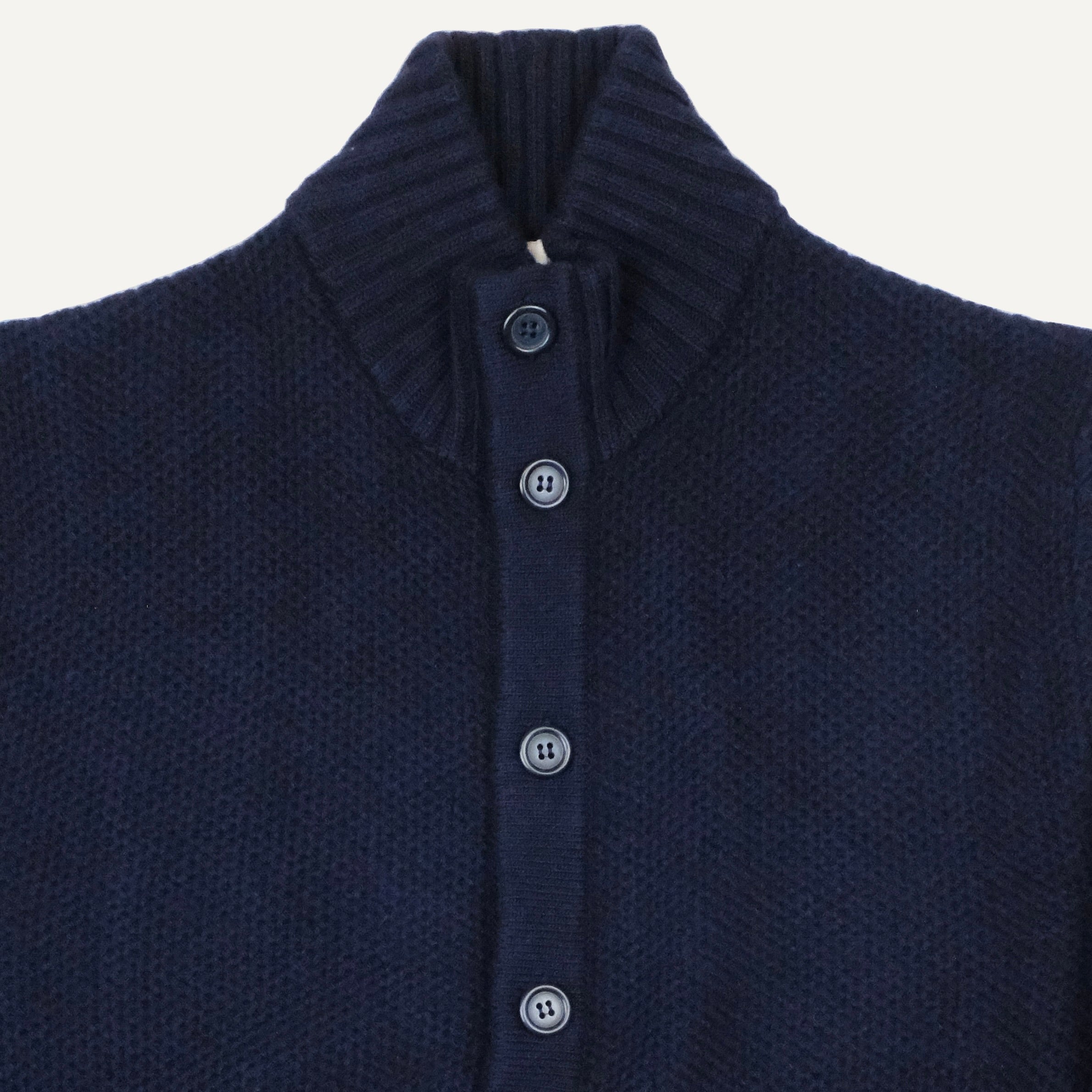 Navy Wool & Cashmere Rice Stitch Mock Neck Cardigan