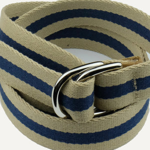 Tan with Navy Stripe Surcingle Cotton D-Ring Belt